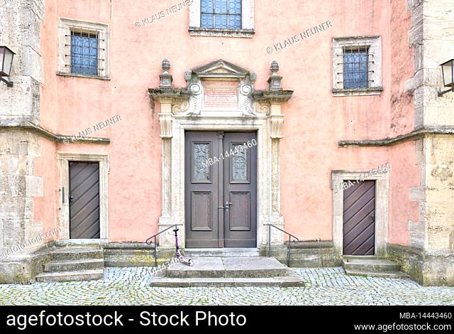 Catholic parish church St. Nicholas; portal, house facade, town view, Eibelstadt, Franconia, Germany, Europe
