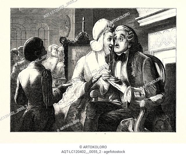 EXHIBITION OF THE BRITISH INSTITUTION: SCANDAL, PAINTED BY ABRAHAM SOLOMON, 1823-1862, 1851 engraving