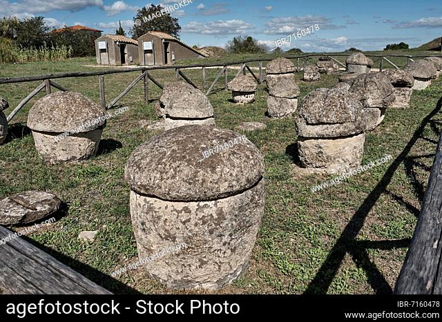Stone Urns of the Villanova Culture, Necropoli di Tarquinia, Monterozzi Necropolis, UNESCO World Heritage Site, Tarquinia, Viterbo Province, Lazio, Italy