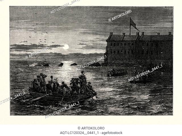 REMOVAL OF THE TROOPS FROM FORT MOULTRIE TO FORT SUMTER, UNITED STATES OF AMERICA, US, USA, 1870s engraving