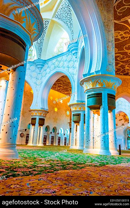 ABU DHABI, UNITED ARAB EMIRATES - FEB 12, 2019: Interior of Sheikh Zayed Grand Mosque in Abu Dhabi, United Arab Emirates