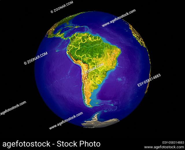 South America from space on model of planet Earth with country borders. Very fine detail of the plastic planet surface and oceans. 3D illustration