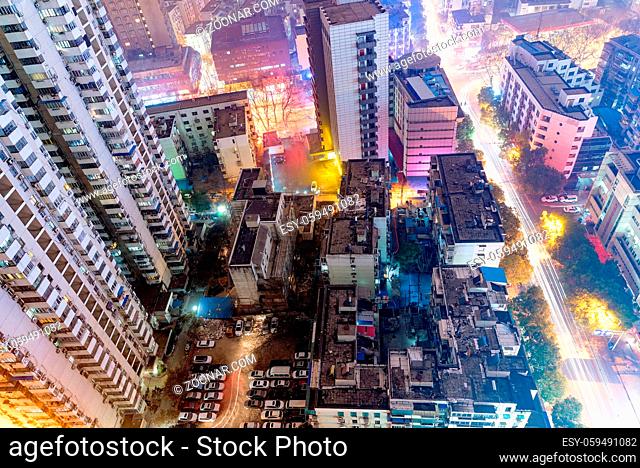 Aerial view of architecture at night in Nanjing