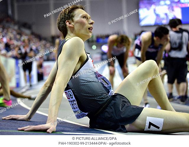 02 March 2019, Great Britain, Glasgow: Athletics, European Indoor Championships, 3000 metres, men, finals, in the Emirates Arena: Amos Bartelsmeyer, Germany