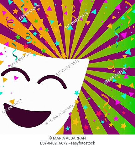 Carnival mask with confetti stars and streamers on stripes background