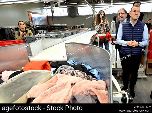 EU Commissioner for Environment, Maritime Affairs and Fisheries Virginijus Sinkevicius pictured during a vist to the 'Stroom' textile recycling and sorting...