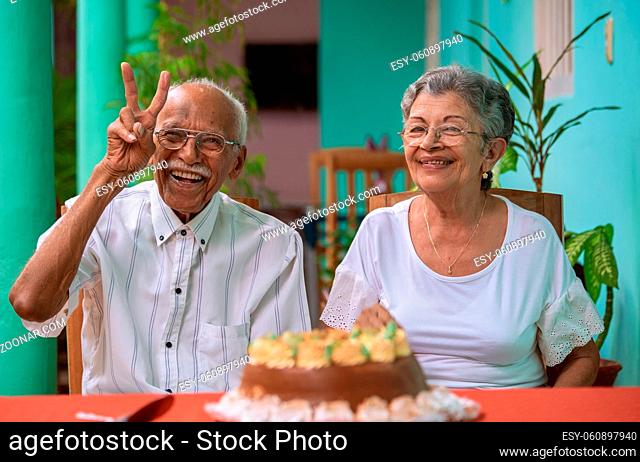 Smiling elderly couple sitting in front of a cake