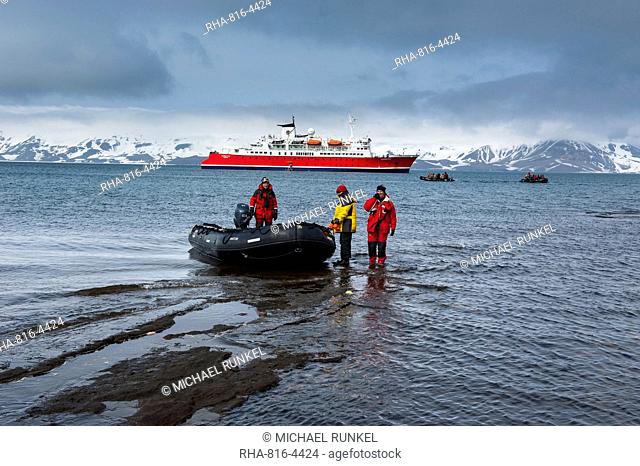 Tourists on a Zodiac landing on Deception Island, South Shetland Islands, Antarctica, Polar Regions