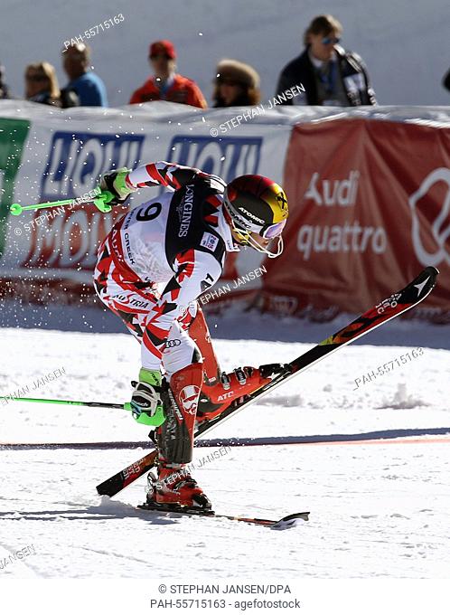 Gold medal winner Marcel Hirscher of Austria crosses the finish line of the slalom run in the mens combined at the Alpine Skiing World Championships in Vail -...