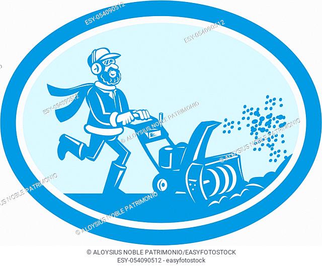 Illustration of man with snow blower set inside oval shape on isolated background done in cartoon style