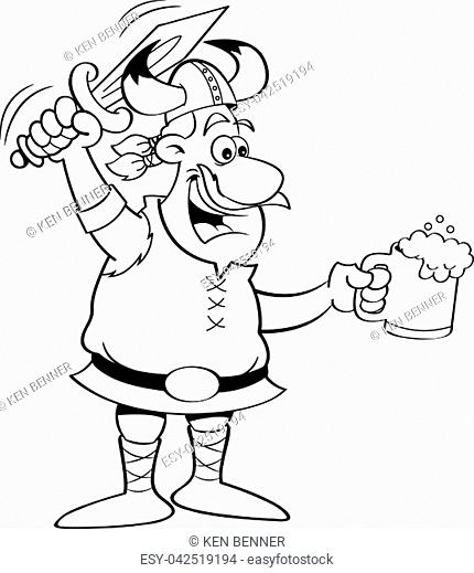Black and white illustration of a Viking holding a sword and a mug