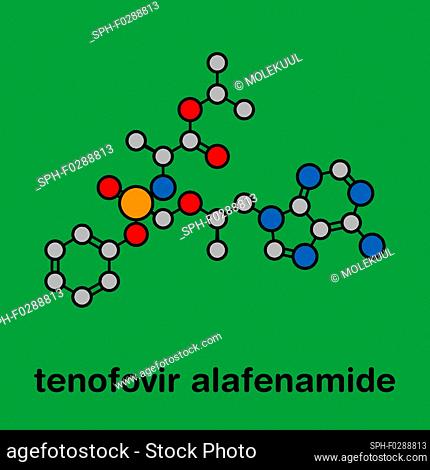 Tenofovir alafenamide antiviral drug molecule (prodrug of tenofovir). Stylized skeletal formula (chemical structure): Atoms are shown as color-coded circles...