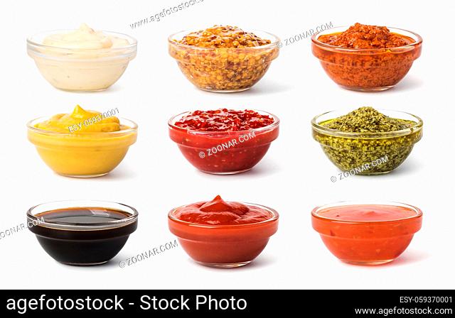 Bowl with sauce set isolated on white background