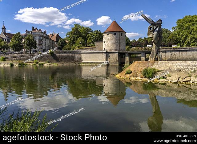 Le Minotaure sculpture and Ball Tower Tour de la Pelote at the Doubs river, Besancon, Bourgogne-Franche-Comté, France, Europe