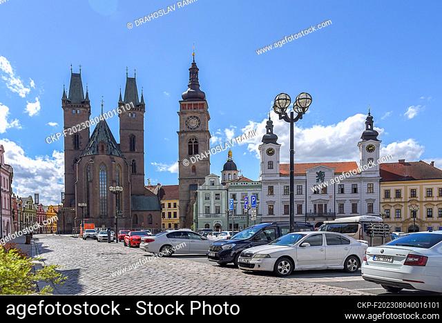 White Tower (Bila vez) and the Cathedral of the Holy Spirit (Katedrala svateho Ducha) in the Great Square (Velke namesti) in Hradec Kralove, Czech Republic