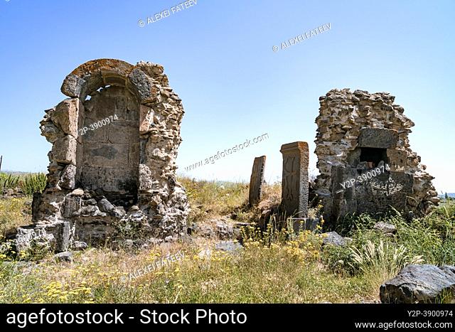 Ruins of 5th century Tukh Manuk Chapel. Tegher monastery in Aragotsotn provonce in Armenia
