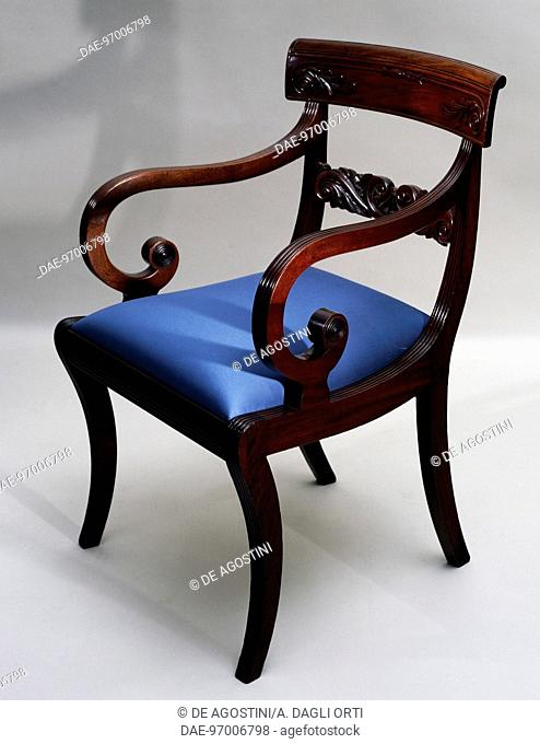 Regency style carved mahogany armchair, 1810-1820. United Kingdom, 19th century.  Private Collection