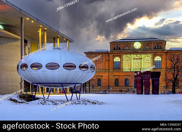 UFO in front of the Pinakothek der Moderne and Alte Pinakothek, Munich, Bavaria, Germany, Europe