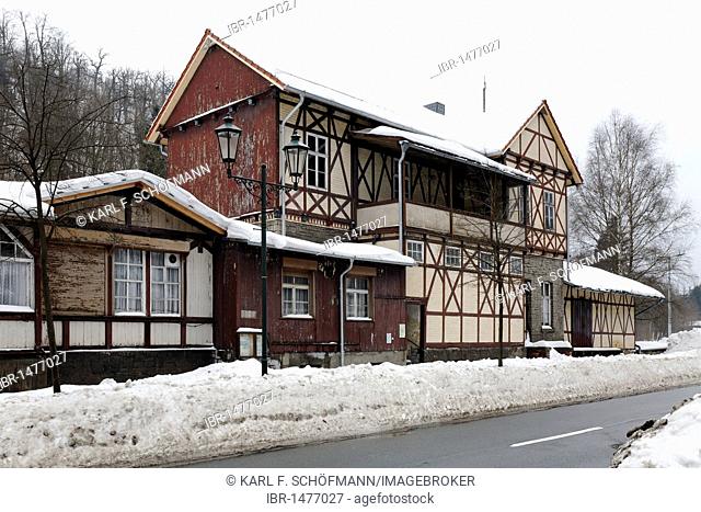 Old half-timbered Alexisbad station, Selketalbahn railway, winter, Harzgerode, Harz, Saxony-Anhalt, Germany, Europe
