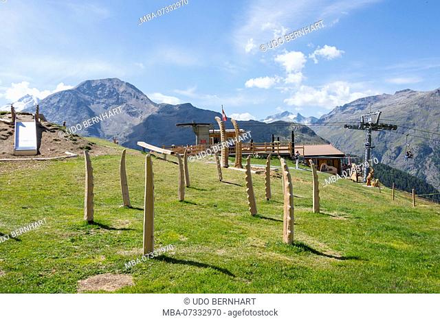 Art on the mountain, ibex path Via Valtellina on the Alp Languard, Pontresina, near St. Moritz, Upper Engadin, canton of Grisons, Switzerland