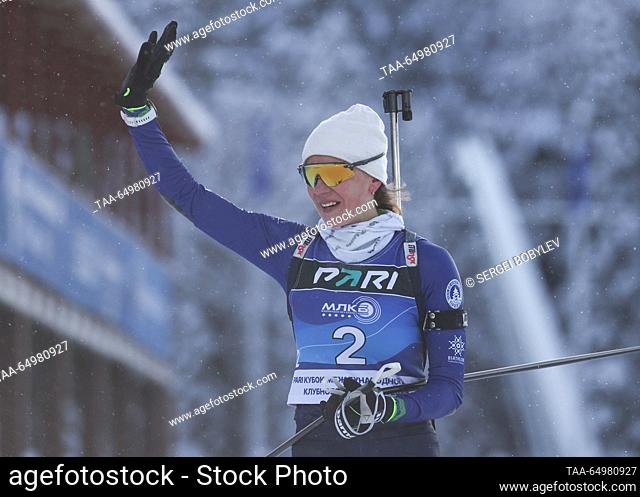 RUSSIA, KHANTY-MANSIYSK - NOVEMBER 19, 2023: Anna Sola of Belarus waves after finishing in the ladies' pursuit at the 2023 International Biathlon Club League...
