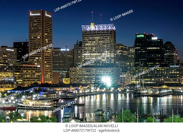 Baltimore inner harbour skyline at night