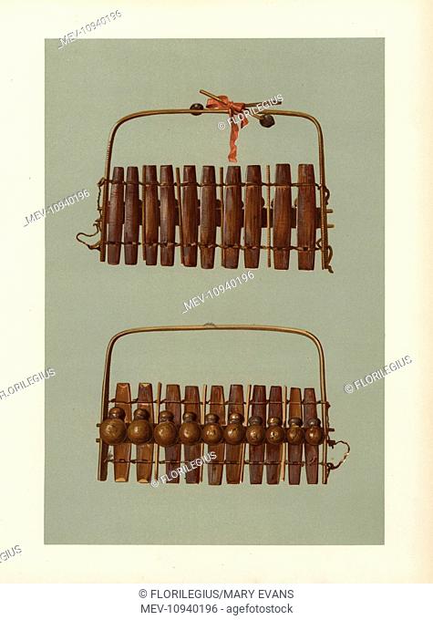 Marimba or Zulu harmonicon of South Africa. . Chromolithograph from an illustration by William Gibb from A.J. Hipkins' Musical Instruments, Historic