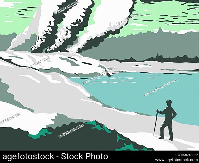 Retro WPA illustration of the bubbling mud pools, shooting geysers and natural hot springs of Rotorua, New Zealand done in works project administration or...