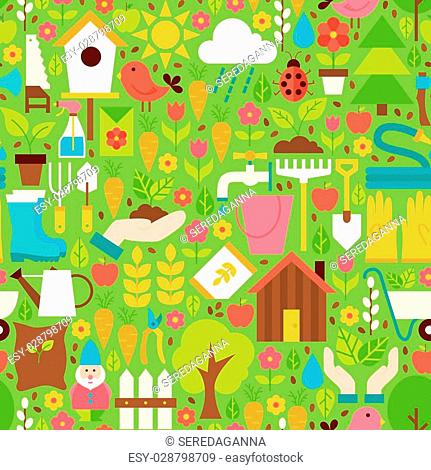 Spring Garden Green Seamless Pattern. Flat Design Vector Illustration. Tile Background. Set of Nature Gardening Tools Items