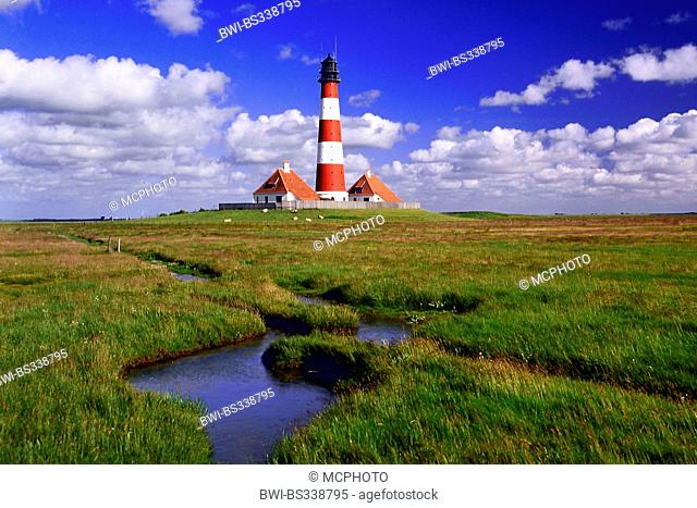 lighthouse Westerheversand on terp, Germany, Schleswig-Holstein, Westerheversand