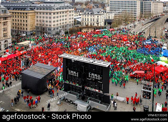 Aerial view taken from the giant wheel shows a demonstration against the European Union's plans to reintroduce austerity, in Brussels, Tuesday 12 December 2023