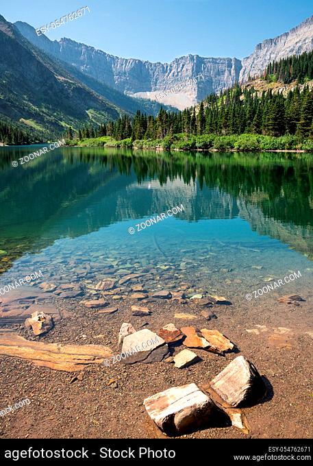 Bertha lake, Landscape of the Waterton Lakes National Park with blue sky, Alberta, Canada