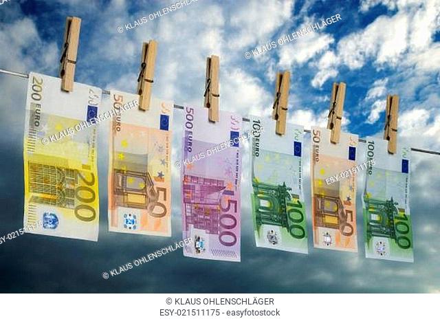 euro bills on a clothesline symbolizing money laundering