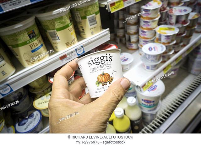 Containers of Siggi's Icelandic-style yogurt in a cooler in New York on Friday, October 13, 2017. The Icelandic Milk and Skyr Corporation