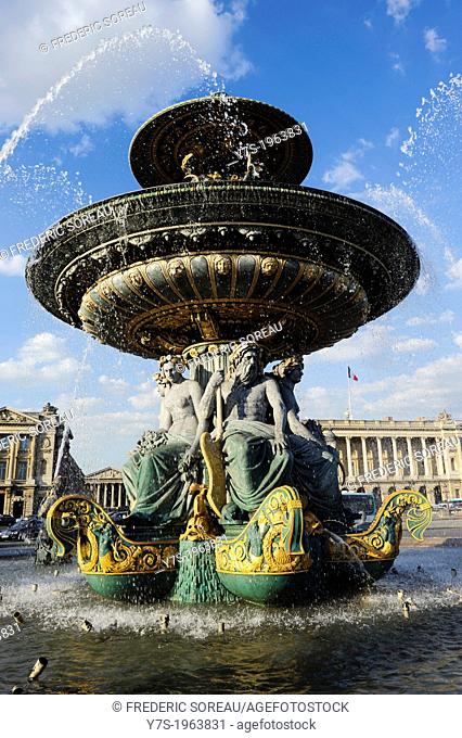 The fountain ""La Marine"" (1830-1840) in Concorde Square in Paris, France, Europe
