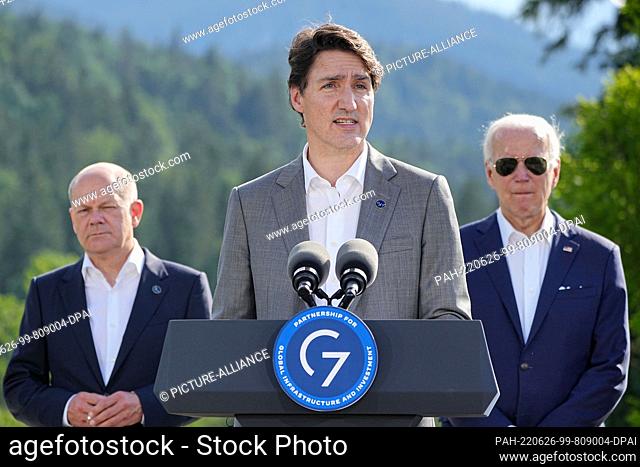 26 June 2022, Bavaria, Elmau: Justin Trudeau, Prime Minister of Canada, speaks during a press statement on partnerships for global infrastructure and investment
