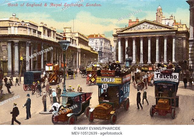 Traffic outside the Bank of England and the Royal Exchange, London