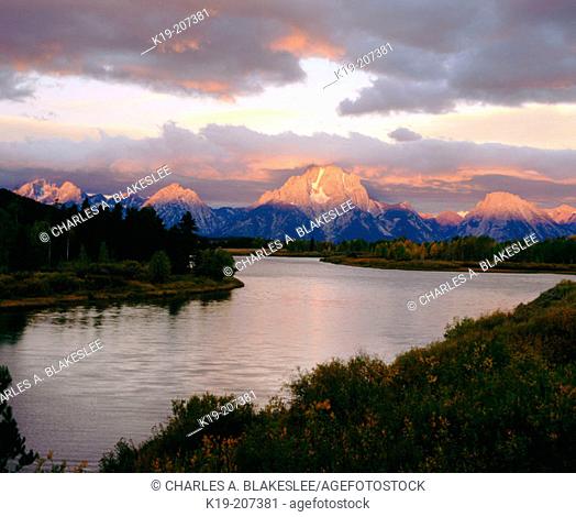 Mount Moran and Teton Range on the Snake River from Oxbow Bend at sunrise. Grand Teton National Park. Wyoming. USA