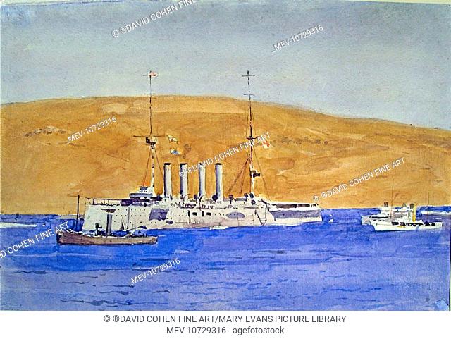 'HMS Europa, Mudros, 1915. Inscribed in the artist's hand 'Euryalus ' - Admiral Wemyess' Flagship, Mudros, 1915.' It has now been ascertained that it was the...