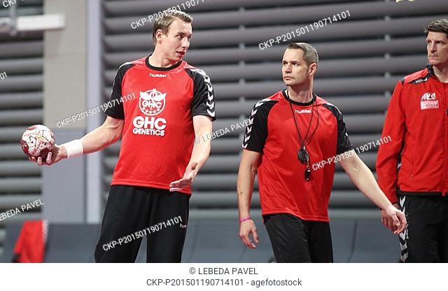 Filip Jicha (left to right) and coaches Jan Filip and Daniel Kubes of Czech Republic train prior to the match against Egypt during the Men's Handball World...
