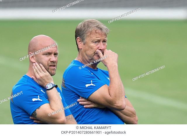 Age Fridtjof Hareide, coach of Malmo, right, and his assistant Olof Persson pictured during the training before the UEFA Champions League 3rd qualifying round...