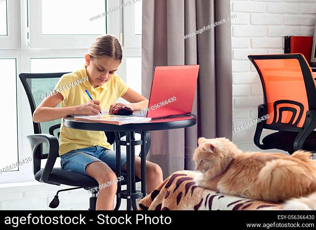 Girl sitting at a table in the room and doing homework online