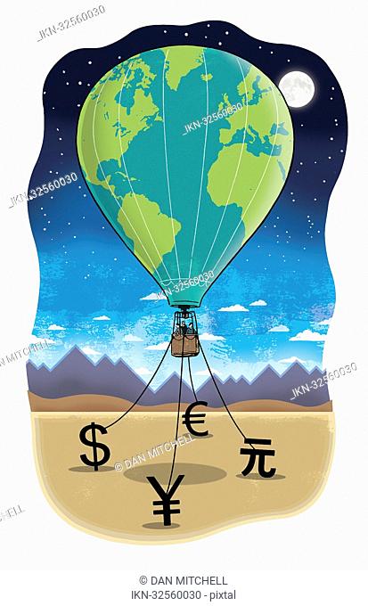 Business people in a hot air balloon at night being held by currency symbols