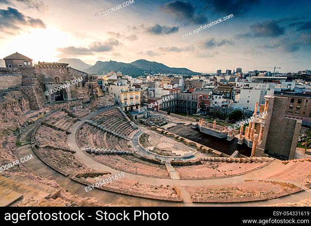 Roman Amphitheater in Cartagena, Spain at sunset