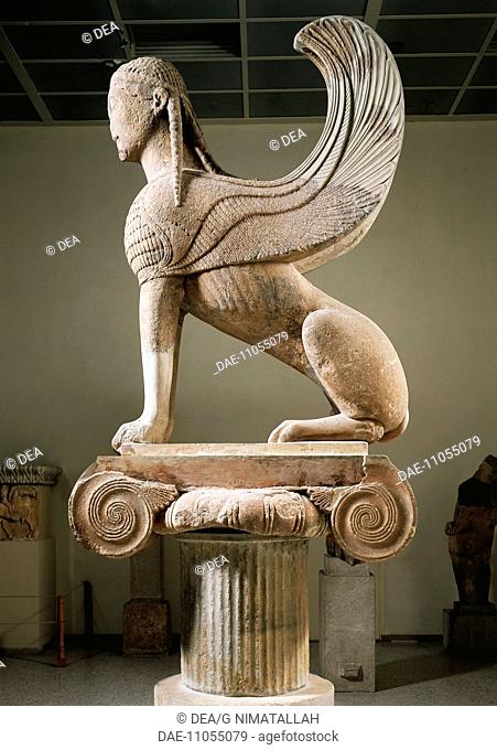 Greek civilization, 6th century b.C. Naxian winged sphinx, 580-560 b.C.  Delphi, Museum (Archaeological Museum)