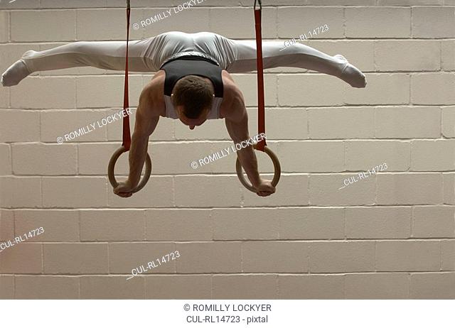 Male gymnast performing on rings