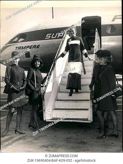 Apr. 04, 1969 - Binnair's air hostesses show off their new uniforms and the pick of Finnish fashions : Five of Finnair's prettiest hostesses