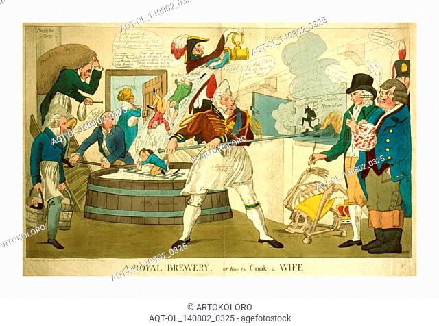 A royal brewery, or how to cook a wife, engraving 1821, George IV, a conning stoker, of some Mischief brewing, stirring up the Flames of Persecution