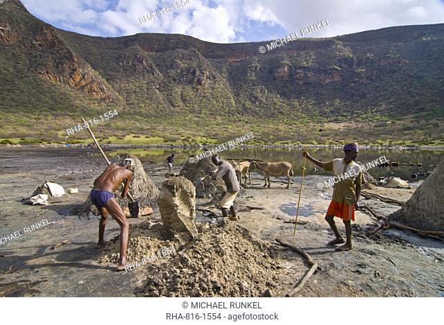 Workers digging for salt, El Sod crater lake, Ethiopia, Africa
