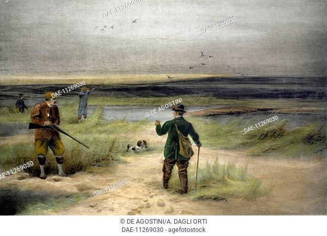 Hunting scene, snipe shooting (snipe hunting), engraving by Charles Whymper (1853-1941)